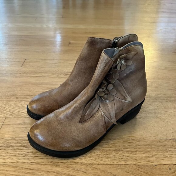 Socofy Brown Leather Floral Ankle Boots Women's Size 40/US 8.5 - Picture 1 of 11
